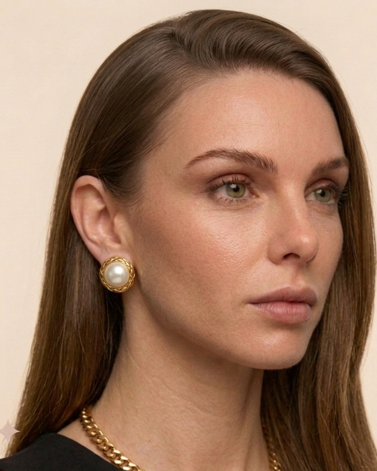 Woman wearing gold chain necklace and pearl earrings against a beige background