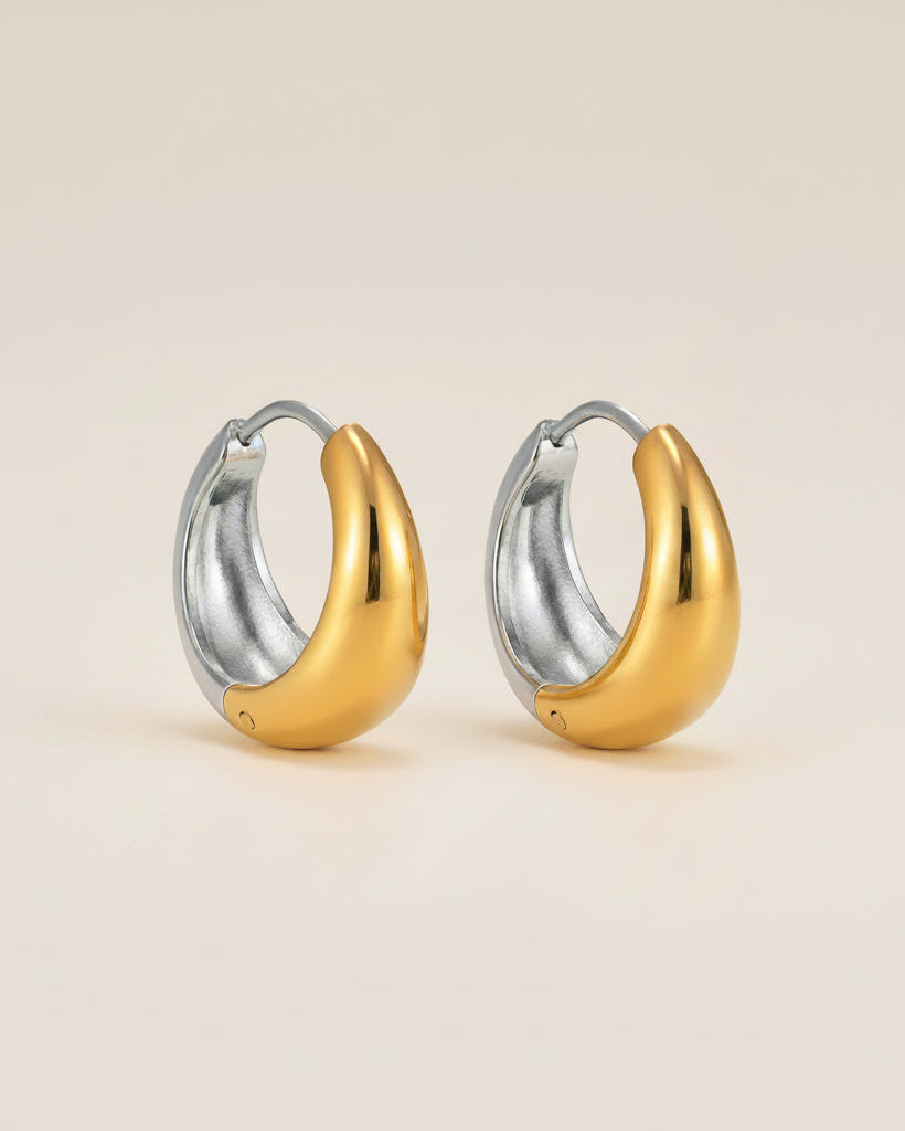 Pair of gold and silver hoop earrings on a beige background