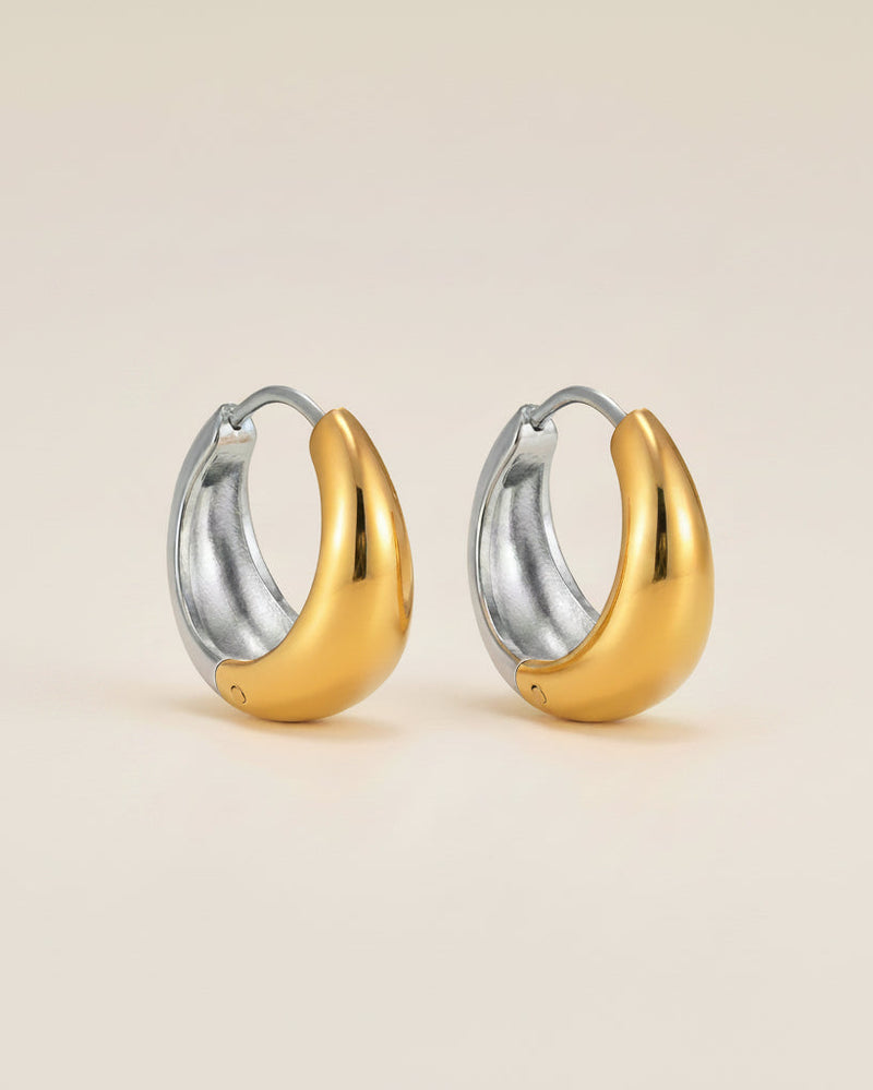 Pair of gold and silver hoop earrings on a beige background