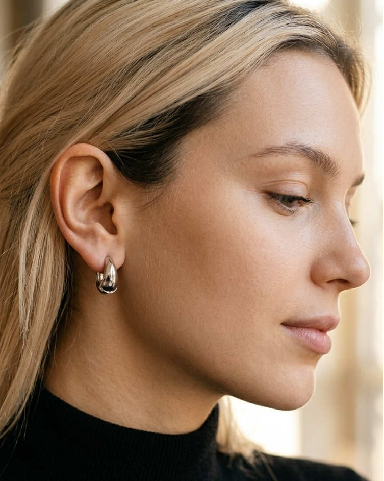 Close-up of a woman wearing a silver earring with a blurred background
