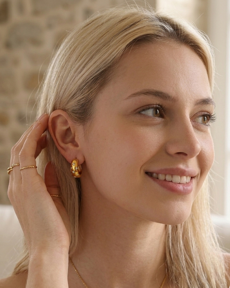 Woman wearing gold earrings with a stone wall background